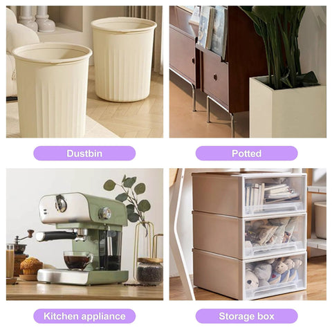 Quad image featuring dustbins, potted plant, kitchen appliance, and storage box.