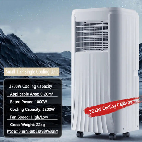 No Sweat Portable Air Conditioner And Swamp Cooler With Remote Control And 1L Tank Plus 24 Hour Timer Whisper Quiet Evaporative Cooling Dehumidifier Smooth Pick For Bedroom Garage Workspace showcasing a small 1.5P unit with 3200W cooling capacity.