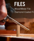Close-up of Wave Plus Do-It-All 18-In-1 Full-Size Multi Tool file filing wood for DIY home garden outdoors and EDC