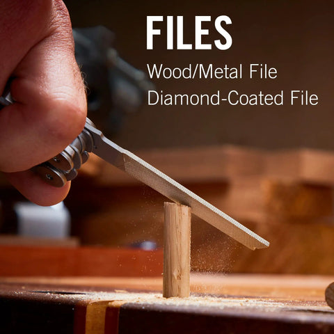 Close-up of Wave Plus Do-It-All 18-In-1 Full-Size Multi Tool file filing wood for DIY home garden outdoors and EDC