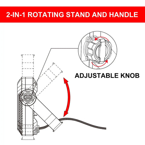 Diagram of 2-in-1 rotating stand and handle with adjustable knob on the 1100 Lumen LED Work Light With Tiltable Head Red Finish 4000K Cool White.