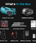 Cordless Electric Car Jack 5 Ton Beast With 21V Battery Hydraulic Lift Built In Tire Inflator Universal Wrench Dual Power From 12V Outlet Or Rechargeable Battery kit contents