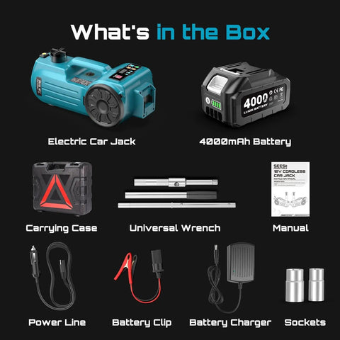 Cordless Electric Car Jack 5 Ton Beast With 21V Battery Hydraulic Lift Built In Tire Inflator Universal Wrench Dual Power From 12V Outlet Or Rechargeable Battery kit contents