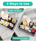 Wooden Coffee Bar Organizer With Four Compartments And Removable Dividers For Home And Office Kitchen Station Keeps Pods Sugar Packets Tea Bags Creamers And Condiments Neat And And Super Easy To Grab shown with and without dividers on a marble countertop