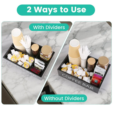 Wooden Coffee Bar Organizer With Four Compartments And Removable Dividers For Home And Office Kitchen Station Keeps Pods Sugar Packets Tea Bags Creamers And Condiments Neat And And Super Easy To Grab shown with and without dividers on a marble countertop