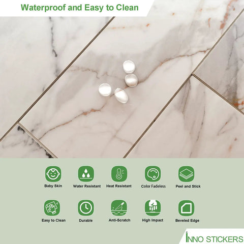 Gold Marble Peel And Stick Subway Tile Set 16 Sheets 4x12 Inches Self Adhesive Stone Composite Backsplash Tiles For Kitchen Bathroom And Fireplace 3mm Thick Waterproof And Easy To Cut displayed with water droplets, showcasing waterproof feature.