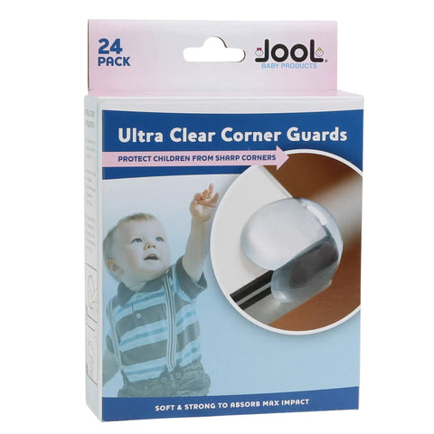 24 Pack Ultra Clear Corner Guards With Pre Applied Adhesive in original retail packaging showing product and child safety image