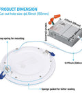 Diagram showing dimensions of 12 Pack 6 Inch Ultra Thin LED Recessed Down Lights With J Box 3000K Warm White 12W Dimmable 1100 Lumens.