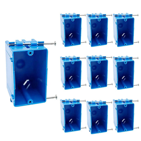 10 Pack 1-Gang PVC New Work Outlet Box In Blue With 18 Cu In Capacity displayed in multiple front and side views