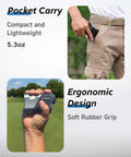 Close-up of Ultra Compact Golf Range Finder With Slope And Triangulation showing pocket-sized design and ergonomic rubber grip.