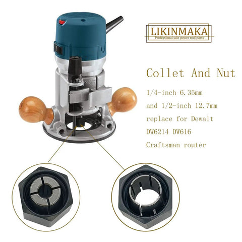 Router collet and nut for 1/4-inch 6.35mm and 1/2-inch 12.7mm models, compatible with Dewalt DW6214 DW616, Craftsman routers