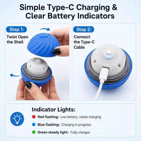 Image showing charging steps for the Automatic Rolling Treat Dispenser Ball For Dogs And Cats Interactive Smart Puzzle Feeder.