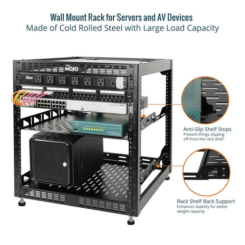 12U Open Frame Network Rack for IT and AV gear with two 1U shelves and mounting hardware, floor standing or wall mounted, 19-inch.