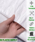 Close-up of a hand holding Super Durable 4 Mil Thick Clear Plastic Sheeting Roll Measuring 8 Feet By 100 Feet with product features.