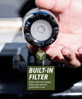 Close-up of No Sweat Electric Drum Pump's built-in filter designed for 55 gallon drums, ensuring debris-free fluid transfer.