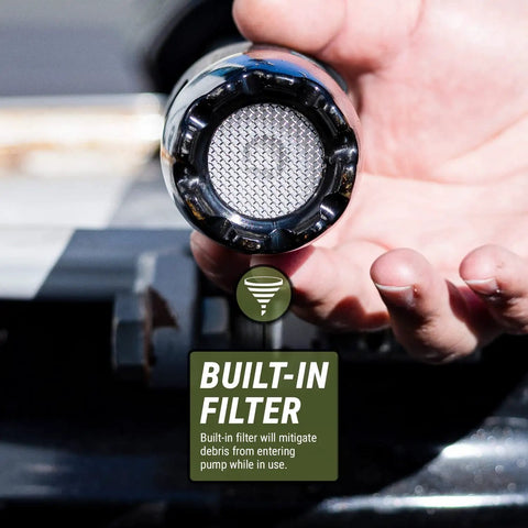 Close-up of No Sweat Electric Drum Pump's built-in filter designed for 55 gallon drums, ensuring debris-free fluid transfer.