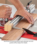 Universal Fit In Dexable Miter Gauge For Table Saw with micro adjust flip stop in use for precise cuts on wood.