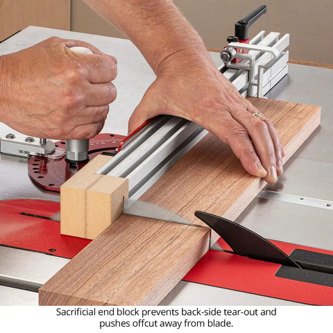 Universal Fit In Dexable Miter Gauge For Table Saw with micro adjust flip stop in use for precise cuts on wood.