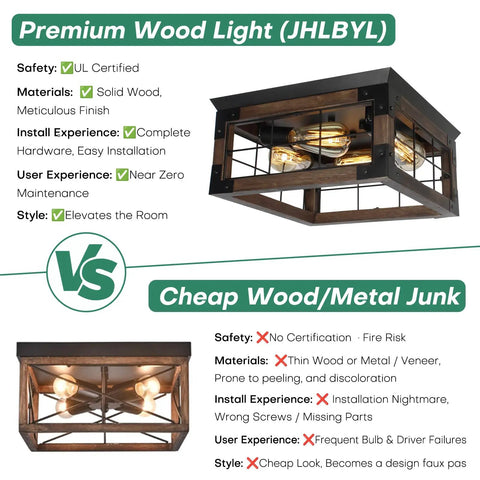 Comparison of Rustic Wood Four Light Flush Mount Ceiling Fixture with Premium and Cheap Wood/Metal options
