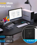 Rock-Solid Lithium UPS Backup Power Supply With LiFePO4 Battery, 1500VA/1000W, 8 outlets, on home office desk setup