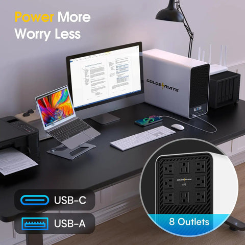 Rock-Solid Lithium UPS Backup Power Supply With LiFePO4 Battery, 1500VA/1000W, 8 outlets, on home office desk setup