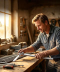 Man using Electric Mini Rebar Bender And Pipe Tube Bending Tool on a wooden workbench for precise bending.