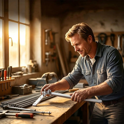 Man using Electric Mini Rebar Bender And Pipe Tube Bending Tool on a wooden workbench for precise bending.