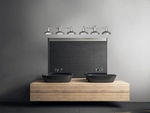 Industrial Farmhouse 3-Light Vanity Light For Over The Mirror With Metal Shades In Galvanized Finish, in modern bathroom setting