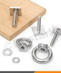18 Piece M6 T Track Mount Tie Down Anchor Kit 304 Stainless Steel T Slot Bolts With Eye Bolts on wood surface