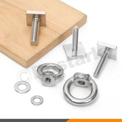 18 Piece M6 T Track Mount Tie Down Anchor Kit 304 Stainless Steel T Slot Bolts With Eye Bolts on wood surface