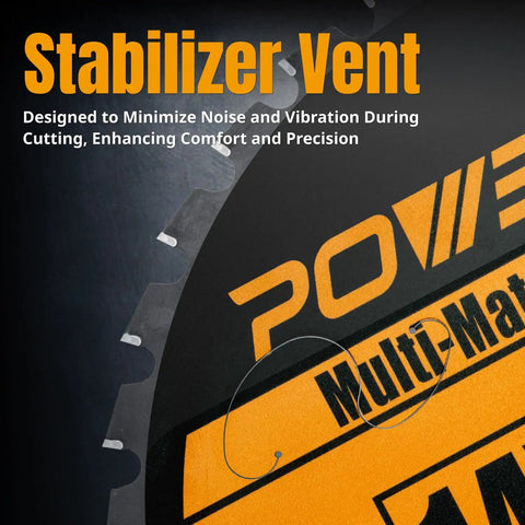 Close-up of Multi Material 14 Inch Cold Saw Blade With 1 Inch Arbor, 36 Tooth TCG Cemented Carbide Teeth for Stabilizer Vent feature.