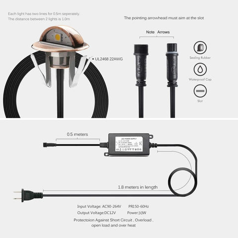 Low Voltage IP65 Waterproof Half Moon LED Step Lights wiring and installation components, focus on connectors and measurements.