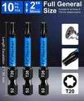 10 Pack 2 Inch T20 Torx Bit Set For Impact Driver Magnetic Star Design Pro Grade S2 Alloy Steel With One Quarter Inch Hex Shank And CNC Machined Tips Durable Heavy Duty Torx Bits For Home Auto And Shop shown