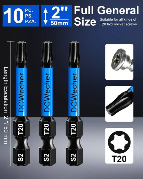 10 Pack 2 Inch T20 Torx Bit Set For Impact Driver Magnetic Star Design Pro Grade S2 Alloy Steel With One Quarter Inch Hex Shank And CNC Machined Tips Durable Heavy Duty Torx Bits For Home Auto And Shop shown