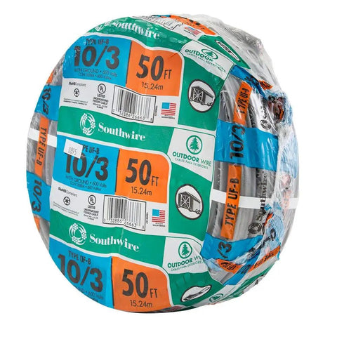 Underground Feeder Cable 10/3 W/G UF-B Type Building Wire Direct Burial 50 Ft Gray Romex Simpull Style, coiled and wrapped