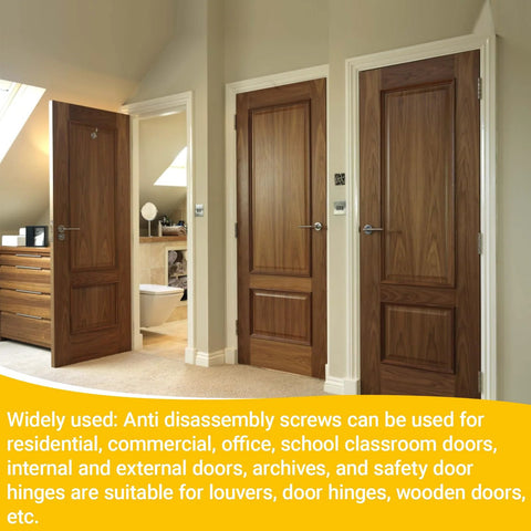Interior view of wooden doors with door hinges and anti tamper pins, featuring the Door Hinge Security Screws 10 Pack.