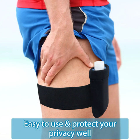 Discreet Urine Test Kit With Portable Collection Bottles Thermal Ice Bag Ten Adhesive Temp Strips And Hidden Leg Straps Lowkey Stealth Setup Built Different For Home Screening Sessions Dope Gear Hits All Your Preps Straight Out The Box Solid Choice, shown secured on leg with black strap and bottle.