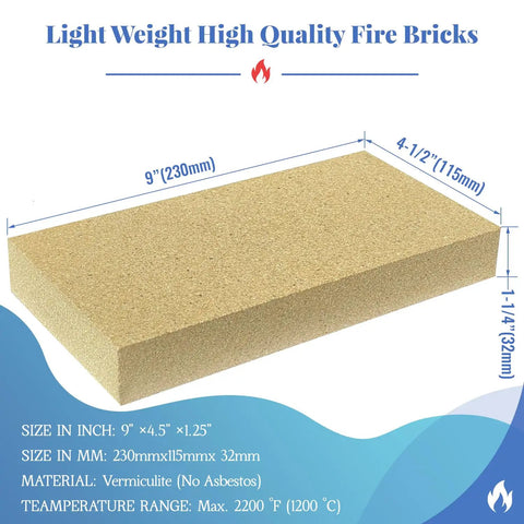 Beefy Vermiculite Woodstove Fire Bricks Replacement Set 9 Inch By 4.5 Inch By 1.25 Inch Six Pack For US Stove FBP6 Up To 2200F showing size and material