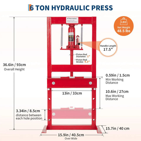 6 Ton Hydraulic Press With Adjustable Table Height And Plate Set For Bending Straightening Bearing Installation And U Joint Setup In A Garage Or Shop Built Tough Heavy Duty Red