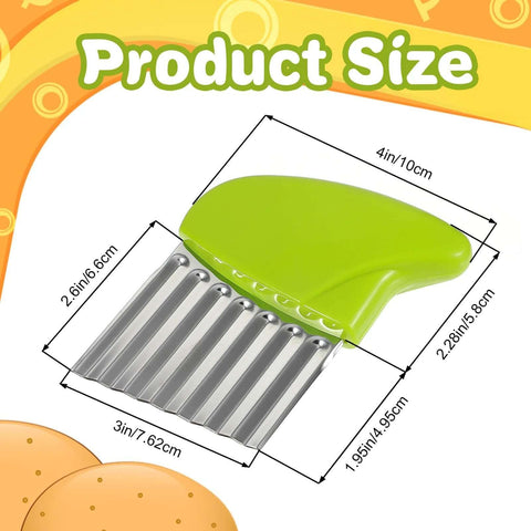 Front view of green 2-piece crinkle cutter set with stainless steel waffle fry blades for potatoes