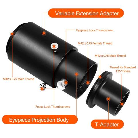 Extendable Telescope Camera Adapter with 1.25 Inch T Adapter showing eyepiece projection body and extension adapter