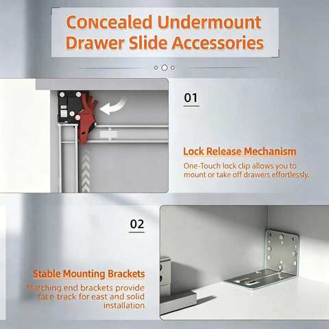 Top Shelf Soft Close Undermount Drawer Slides With Full Extension Runners For Kitchen Cabinets Smooth As Butter Glide hardware kit with lock release mechanism and mounting brackets.