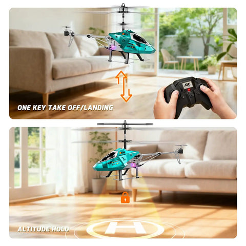 Heavy Duty RC Helicopter For Kids With LED Lights, 2.4GHz Remote shown in a home, illustrating easy indoor use