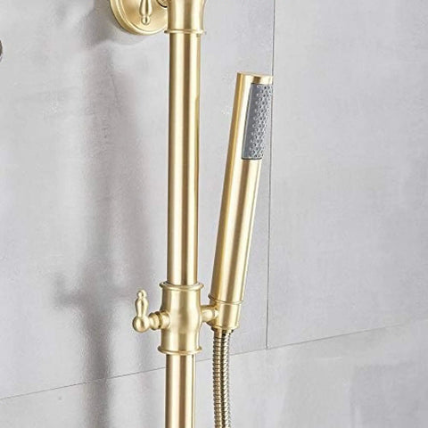 UBNMIUBV Shower System, Brushed Gold Shower Faucet with hand shower attachment and secure grip handle.