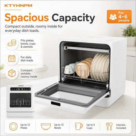 Slick Compact Countertop Dishwasher With Easy Touch Interface And Four Custom Cycles For Zero Sweat Cleaning In Tight Spots Like Apartments And RV Camping Using Dual Spin 360 Degree Blast Arms For Serious Grease Cutting Power, showing spacious interior for plates and bowls.