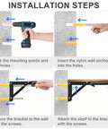 Installation steps for Rock Solid 16 Inch Folding Shelf Brackets Heavy Duty Steel Wall Mounts with tools and brackets.