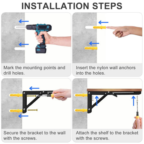 Installation steps for Rock Solid 16 Inch Folding Shelf Brackets Heavy Duty Steel Wall Mounts with tools and brackets.