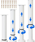 Heavy Duty Adjustable Furniture Support Legs Set White Four Pack With Mounting Hardware Tough Steel Center Posts showing adjustable heights and screws.
