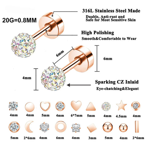 18 Pairs 20G Stainless Steel Tiny Stud Earrings For Women With Rose Gold Finish Cartilage Helix Set Includes Ball Star Moon Heart And More Shapes CZ Gems For Everyday Wear Gift Idea Cute Accessory 20G 316L steel, 4-6mm CZ studs