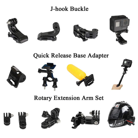 20-piece All In One Action Camera Gear Accessory Kit including J-hook buckles, quick release bases, and extension arms for Hero Insta360 Osmo